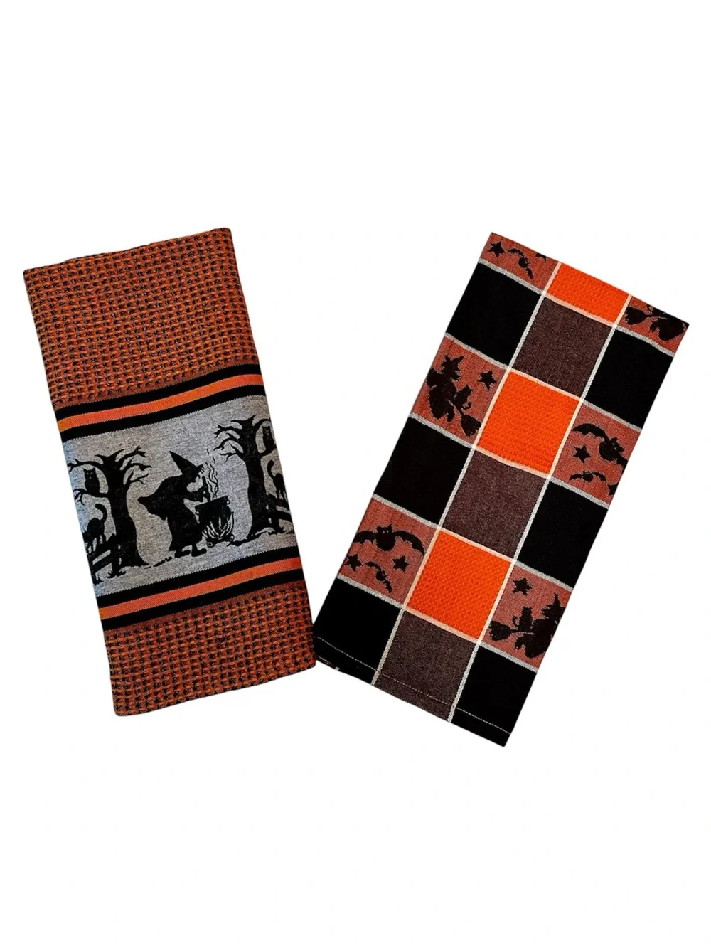 VTG 90s Old World Buffalo Check Spooky Halloween Hand Towels Witch Black Cat Bat